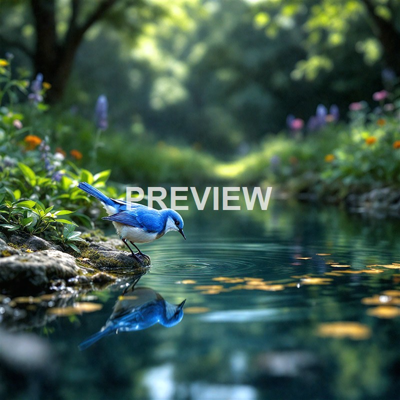 A blue and white bird perched on a rock beside a calm stream in a lush, green forest with colorful flowers and trees in the background.